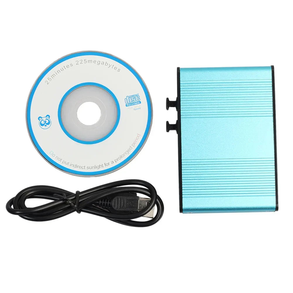 Light blue aluminum usb optical sound card with black usb cable and cd supports surround sound 48khz samplingrate digital record standard