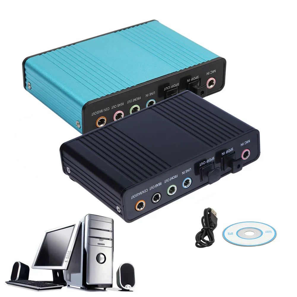 Turquoise and black usb optical sound card with multiple rca and 3.5mm jacks supports surround sound 48khz samplingrate digital record standard