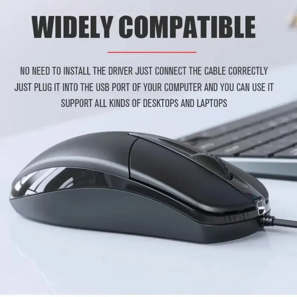 Black usb optical wired mouse with glossy ergonomic design and roller 3d 1200dpi for home office use