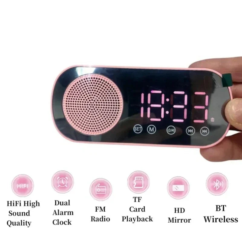 Pink and black mirror digital alarm clock with led display and wireless speaker subwoofer desktop music player