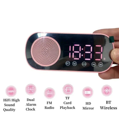 Pink and black mirror digital alarm clock with led display and wireless speaker subwoofer desktop music player