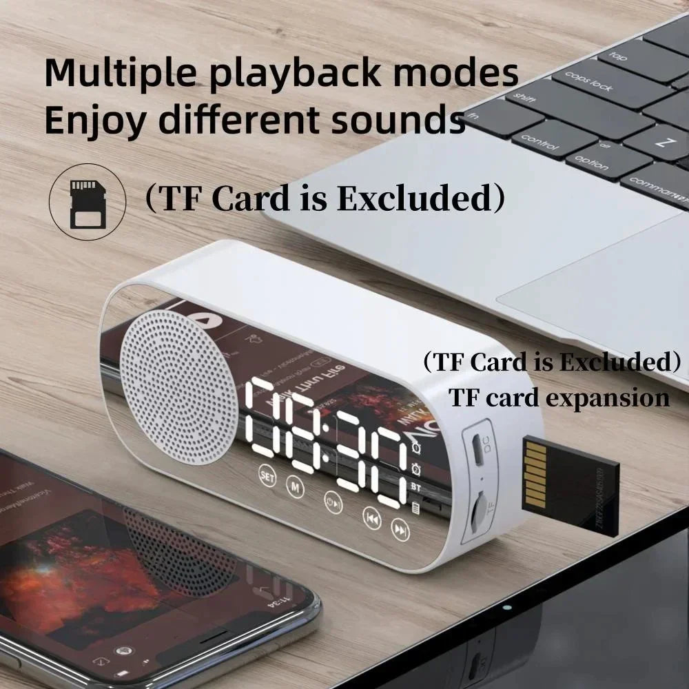 White rectangular mirror digital alarm clock with led display wireless speaker subwoofer desktop music player features