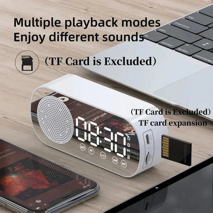 White rectangular mirror digital alarm clock with led display wireless speaker subwoofer desktop music player features