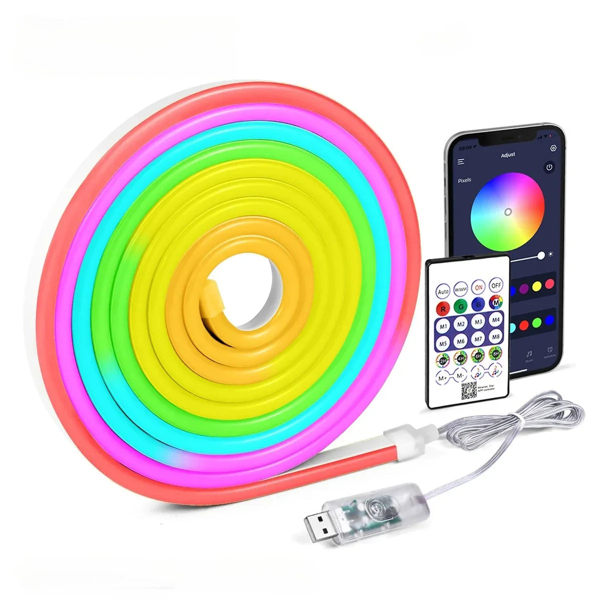 Rgbic neon led flexible strip light with rainbow colors usb connector and remote for gaming room party decor