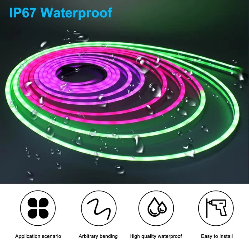 A flexible waterproof usb rgbic neon led strip light with vibrant pink and green glowing segments for party decor