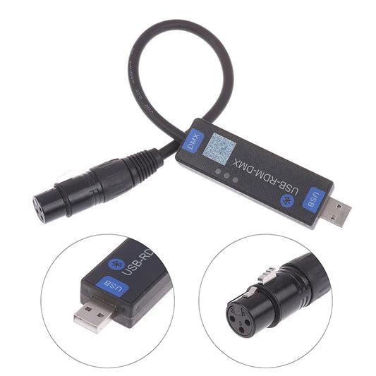 Black usb-to-dmx converter with coiled cable and xlr connector for app dmx dialer on android devices
