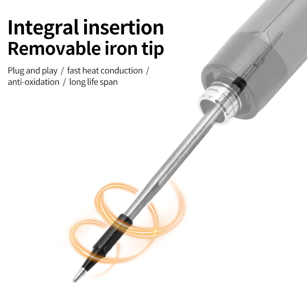 Usb soldering iron set with silver removable tip transparent handle and adjustable temperature for portable use