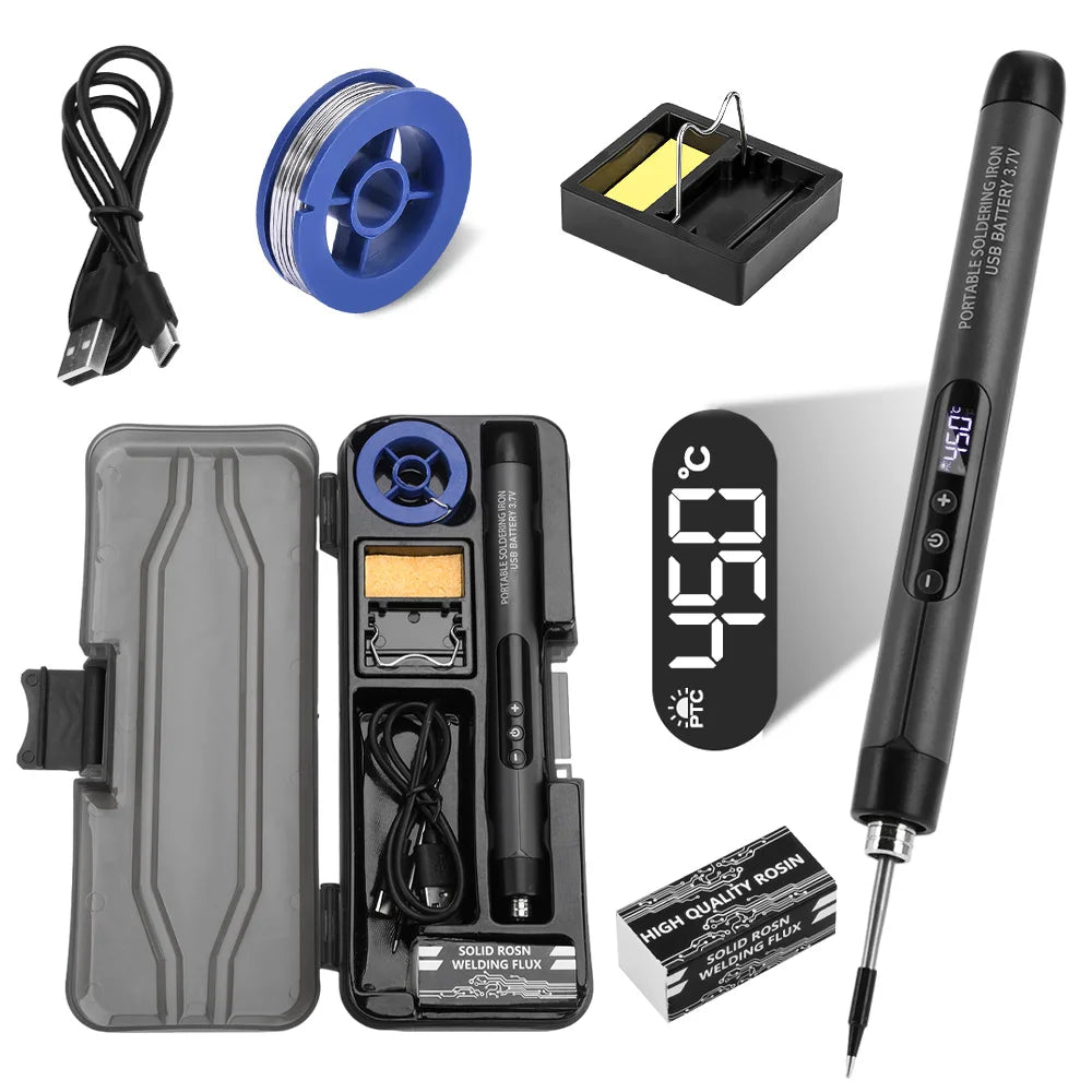 Black usb soldering iron with adjustable temperature digital display and usb battery in portable soldering iron set