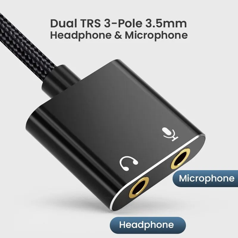 Black usb audio adapter with dual 3.5mm headphone and microphone jacks gold plated braided cable for windows mac laptop