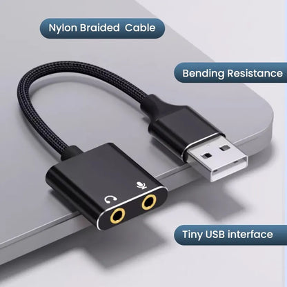 Black nylon braided usb audio adapter with gold-plated 3.5mm headphone and microphone jacks for windows and mac laptops
