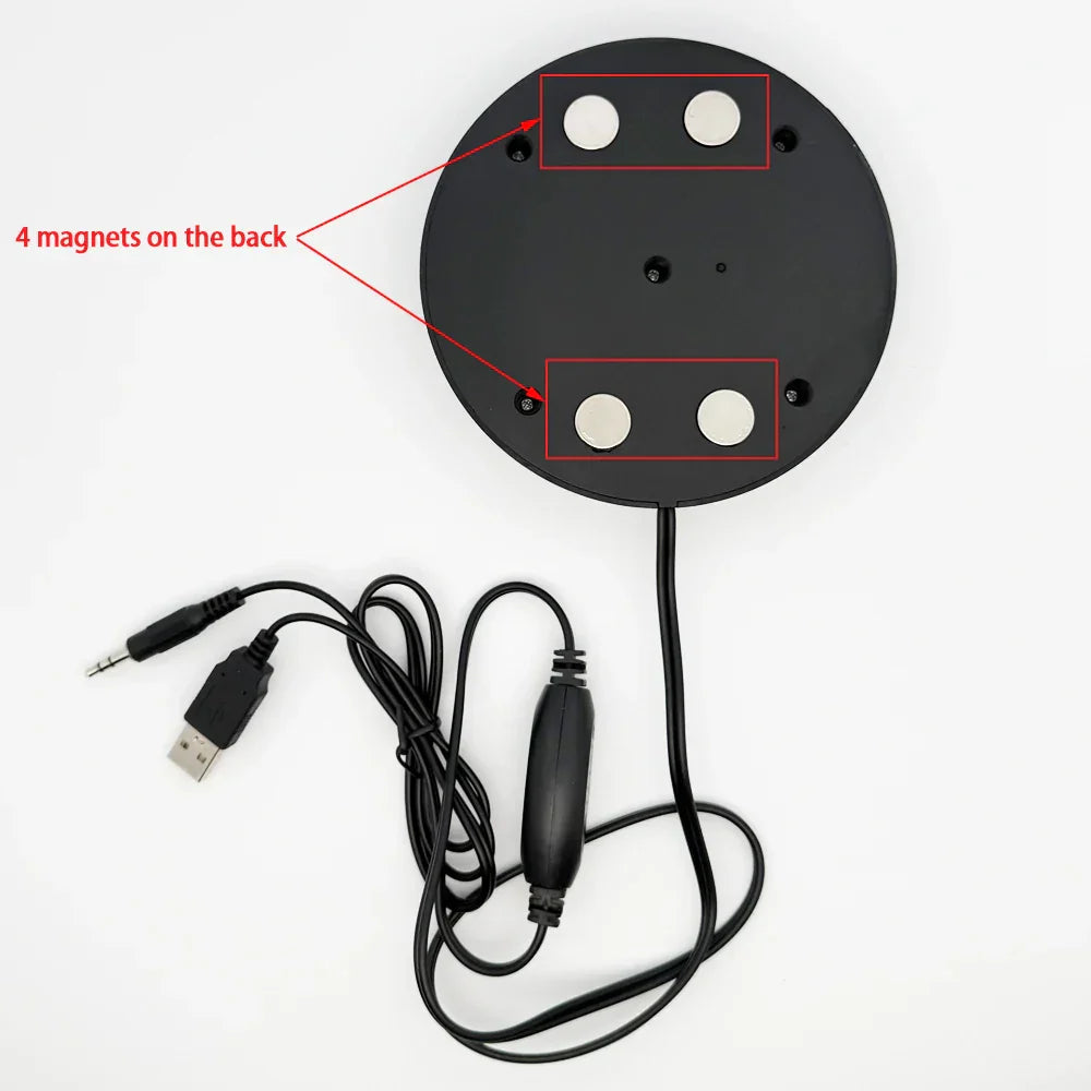 Black circular ultrathin 26mm magnetic charging pad with four silver magnets and usb cable for magnetic stereo surround sound 6ohm speakers