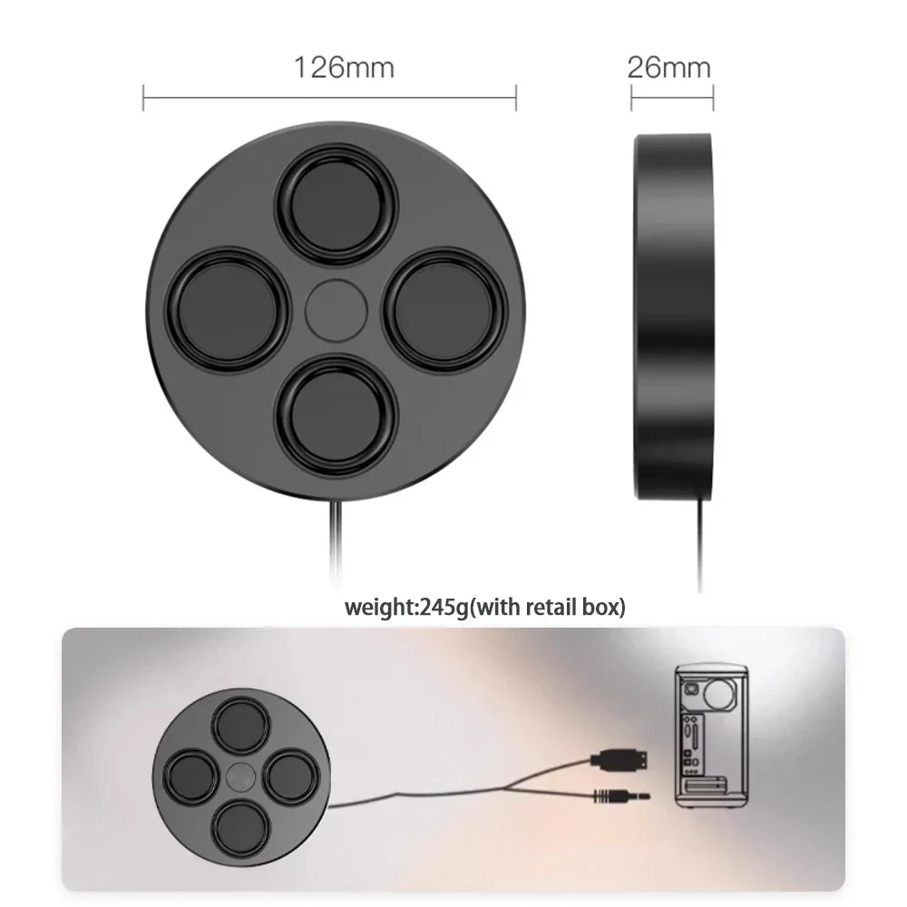 Black circular wireless charging pad with four zones and central button designed for ultrathin 26mm magnetic stereo surround sound 6ohm usb pc speakers