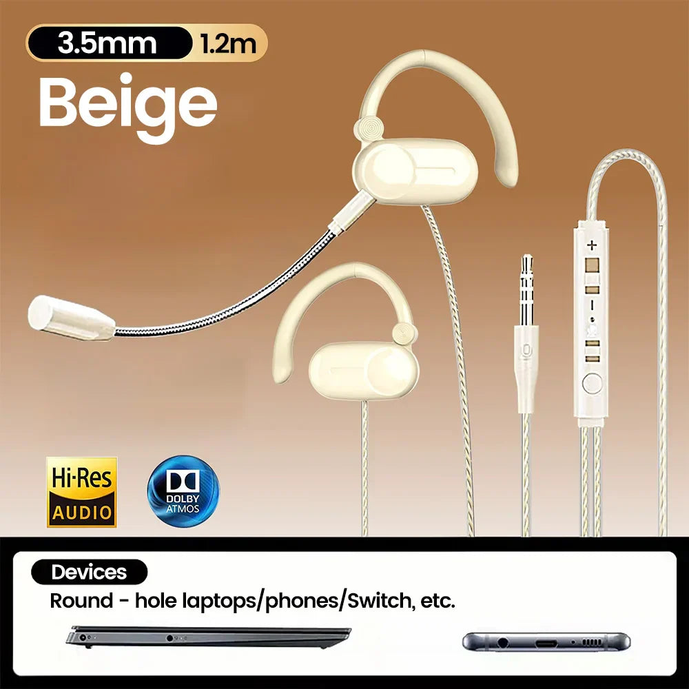 Beige usb type c 3.5mm in-ear wired headphones with dual microphone hifi surround stereo music and game noise reduction