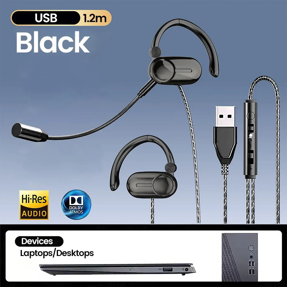Black usb wired headset with dual microphone hifi surround and game noise reduction for laptop and desktop use