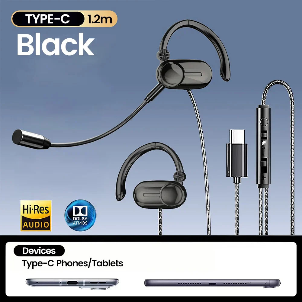 Black in-ear wired headphones with USB type C cable support dual microphone hifi surround and game noise reduction