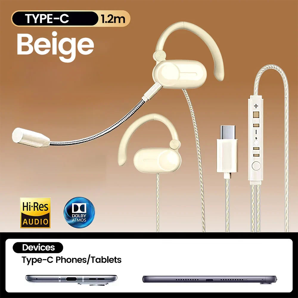 Beige over-ear headphones with dual microphone hifi surround, flexible mic arm, volume controls, and type-c charging cable for game noise reduction