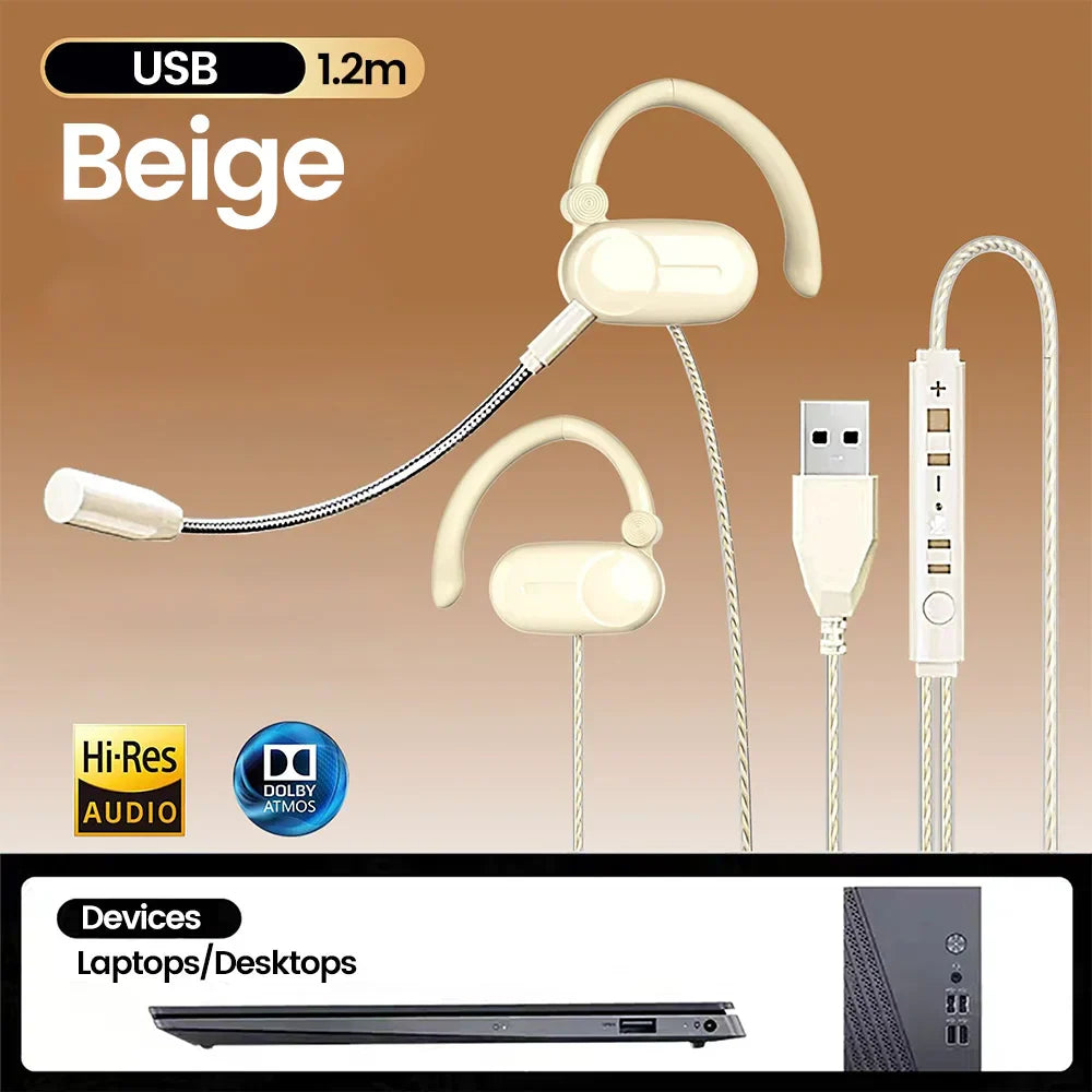 Beige usb 1.2m headset with flexible microphone braided cable featuring dual microphone hifi surround and game noise reduction