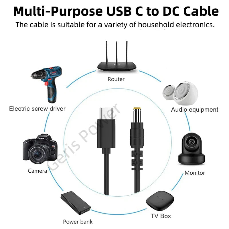 Black usb type c pd to dc 5.5x2.1mm power cable with matte finish and reinforced connectors for 12v 15v 65w devices including strip tv box camera wireless router