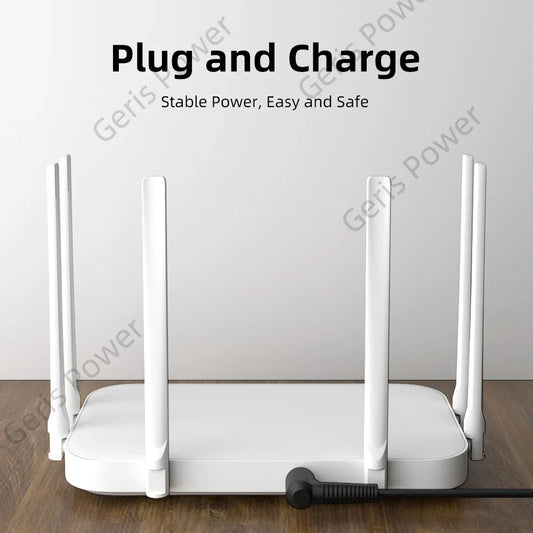 White plastic plug-and-charge router with four antennas shown with usb type c pd to dc 5.5x2.1mm cable for 12v 15v 65w strip tv box camera wireless router