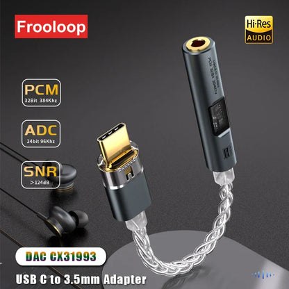 Frooloop usb type c to 3.5 mm audio aux converter with hi-fi headphone amp, 32bit 384khz, gold-plated braided cable