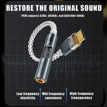 Silver and gold-plated usb c to 3.5mm audio aux converter with braided cable and 32bit 384khz headphone amp hifi digital display