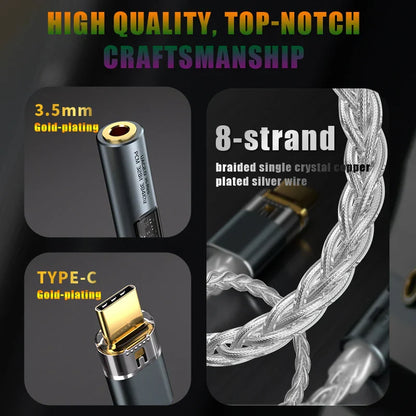 Silver-plated 8-strand braided single crystal copper usb type c to 3.5mm audio aux converter with headphone amp hifi 32bit 384khz