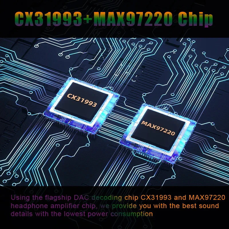 Two square electronic chips cx31993 and max97220 on a dark circuit board for usb type c headphone amp hifi 32bit 384khz audio aux converter