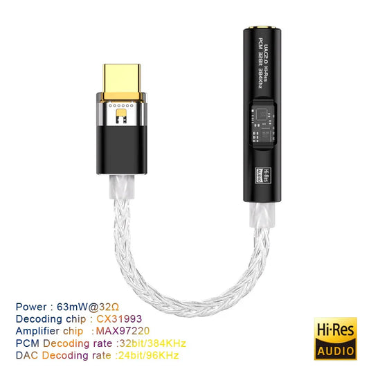 Black cylindrical usb type c to 3.5 mm headphone amp hifi audio aux converter with gold-plated connector and braided cable