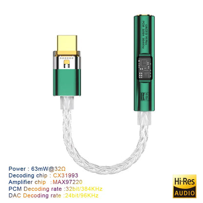 Green cylindrical usb type c to 3.5 mm audio aux converter with gold-plated connector braided silver wire headphone amp hifi 32bit 384khz