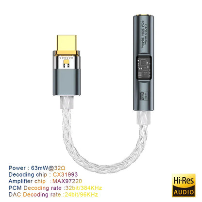 Silver and gold usb c to 3.5 mm audio aux converter with braided cable and compact design for headphone amp hifi 32bit 384khz decoding