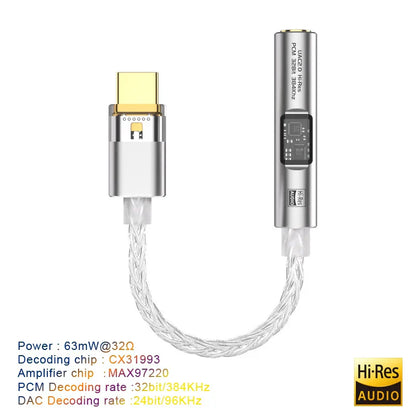 Silver cylindrical usb type c to 3.5 mm audio aux converter with braided cable and integrated headphone amp hifi dac chip