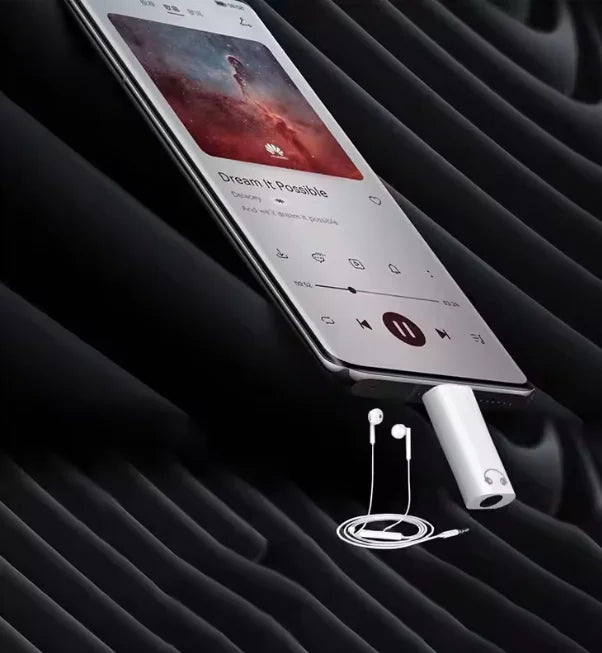 Silver huawei smartphone with sleek design and white earbuds beside typec earphone converter for iphone15 samsung xiaomi