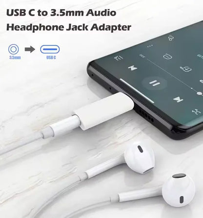 White usb type c to 3.5mm jack audio adapter connecting smartphone to earbuds for iphone15 samsung xiaomi huawei use