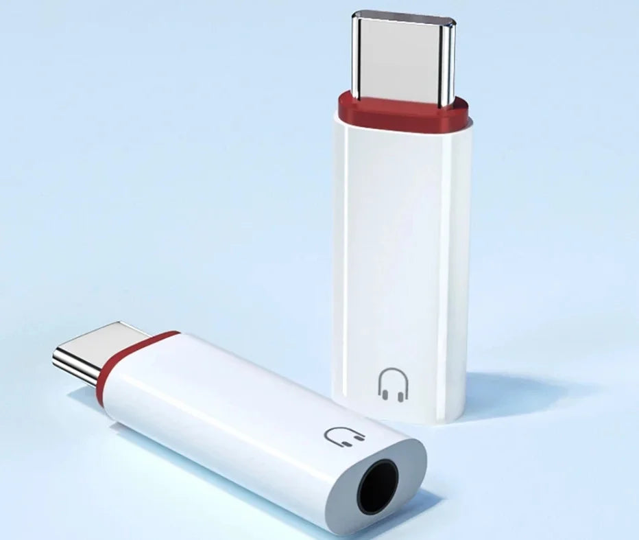 White usb type c to 3.5mm audio adapter with red accent ring and headphone icon typec earphone converter for iphone15 samsung xiaomi huawei
