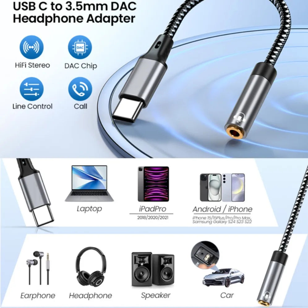 Silver usb type c to 3.5mm jack earphone adapter with braided cable and gold-plated audio jack for pro Samsung Galaxy Huawei Xiaomi
