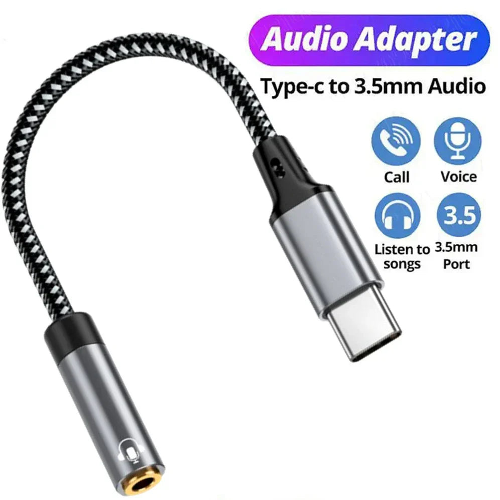 Silver and black braided usb type c to 3.5mm jack earphone adapter for iphone 15 pro samsung galaxy huawei xiaomi
