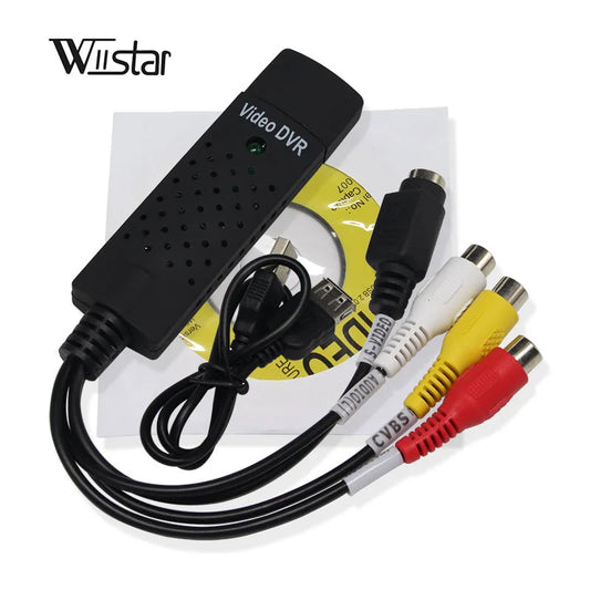 Black plastic wistar capture card with green led and multiple rca connectors for usb video capture and video record capture