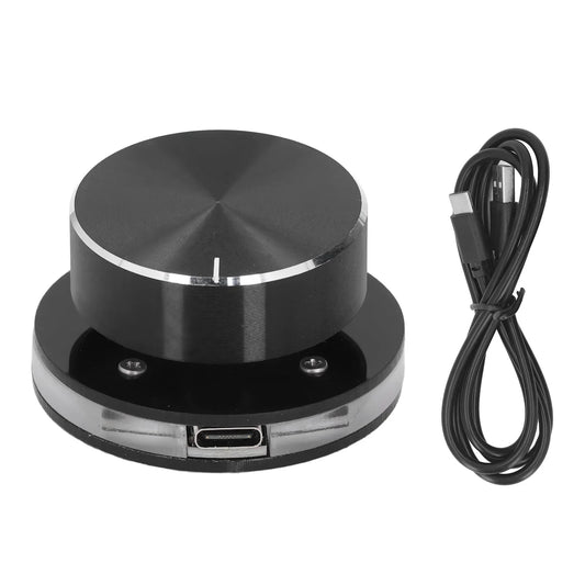 Black usb volume control knob with brushed metal finish silver accent and usb-c port for external media adjustment