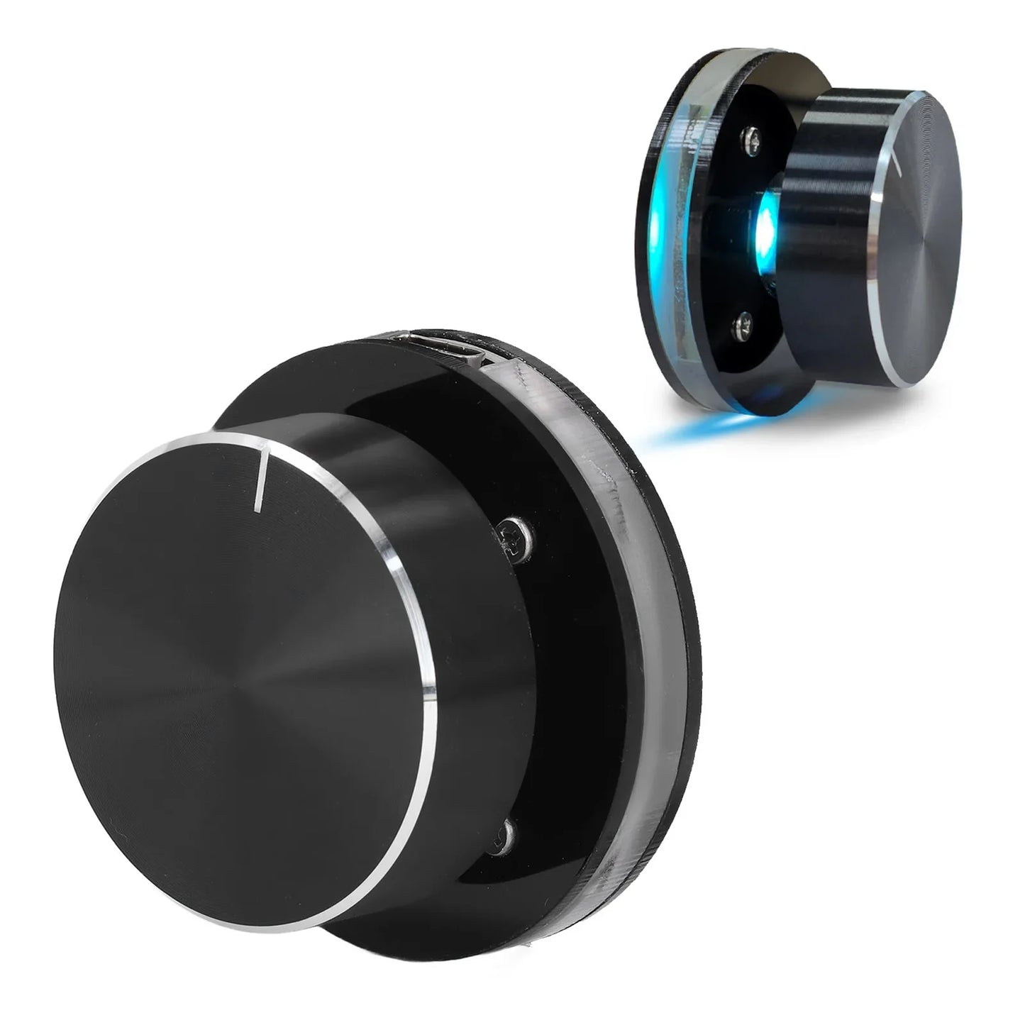 Black circular glass usb volume control knob with brushed metal rim and blue led light for multimedia use