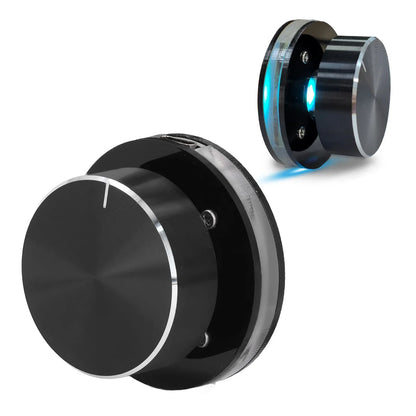 Black circular glass usb volume control knob with brushed metal rim and blue led light for multimedia use