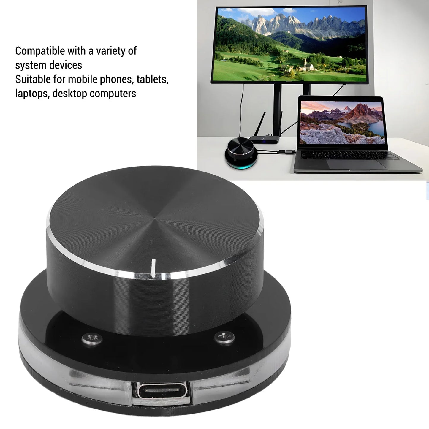 Black circular wireless usb volume control mouse with silver accents and usb-c port for pc multimedia use