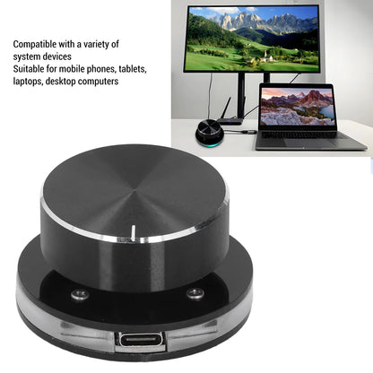 Black circular wireless usb volume control mouse with silver accents and usb-c port for pc multimedia use
