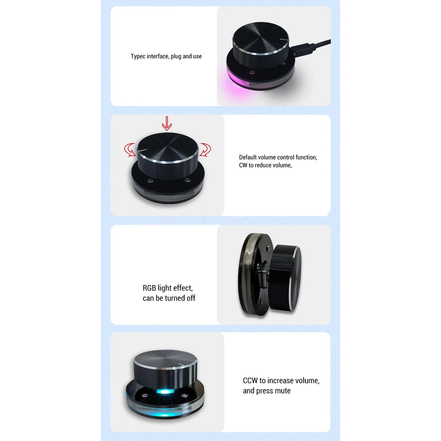 Black cylindrical usb volume control knob with metallic finish rgb lighting 360 degree rotating for multimedia use