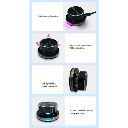 Black cylindrical usb volume control knob with metallic finish rgb lighting 360 degree rotating for multimedia use