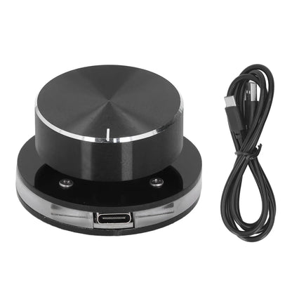 Black usb volume control knob with brushed metal finish silver accent ring and integrated usb-c port for pc use