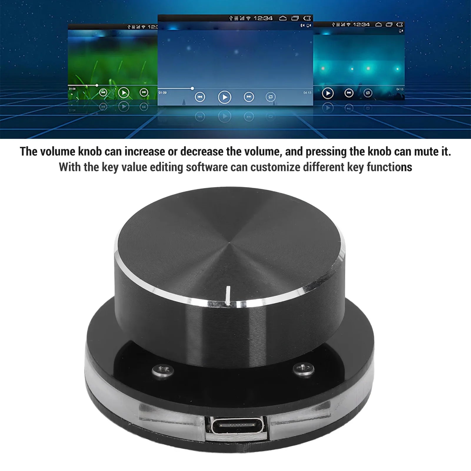 Black usb volume control knob with silver metallic rim and usb-c port designed for 360 degree rotating volume control