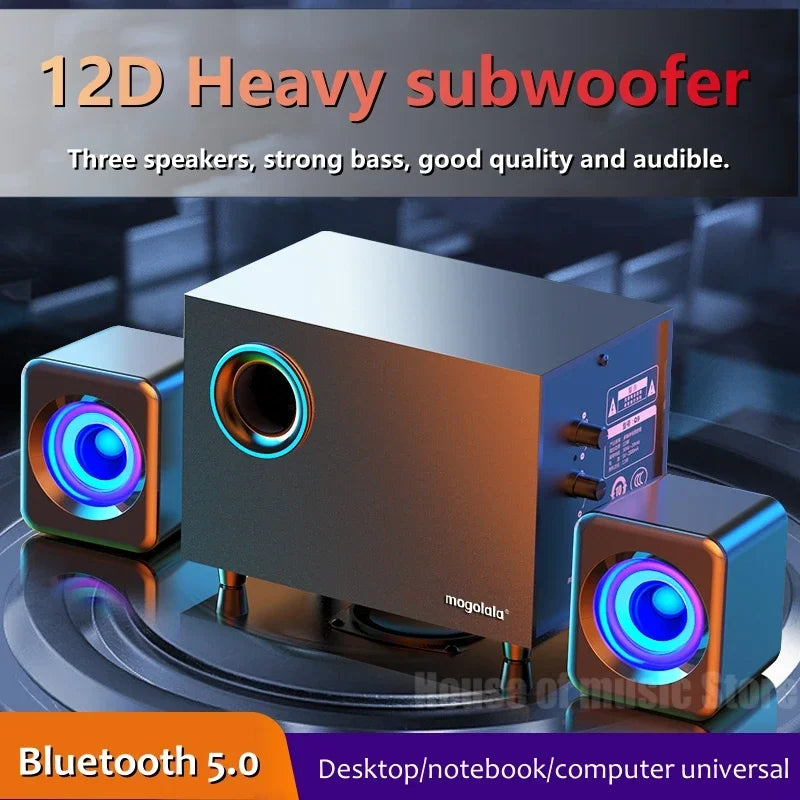 Silver metallic 12d heavy wooden desktop subwoofer system with glowing blue purple led lights for audio 3d surround bass game speakers