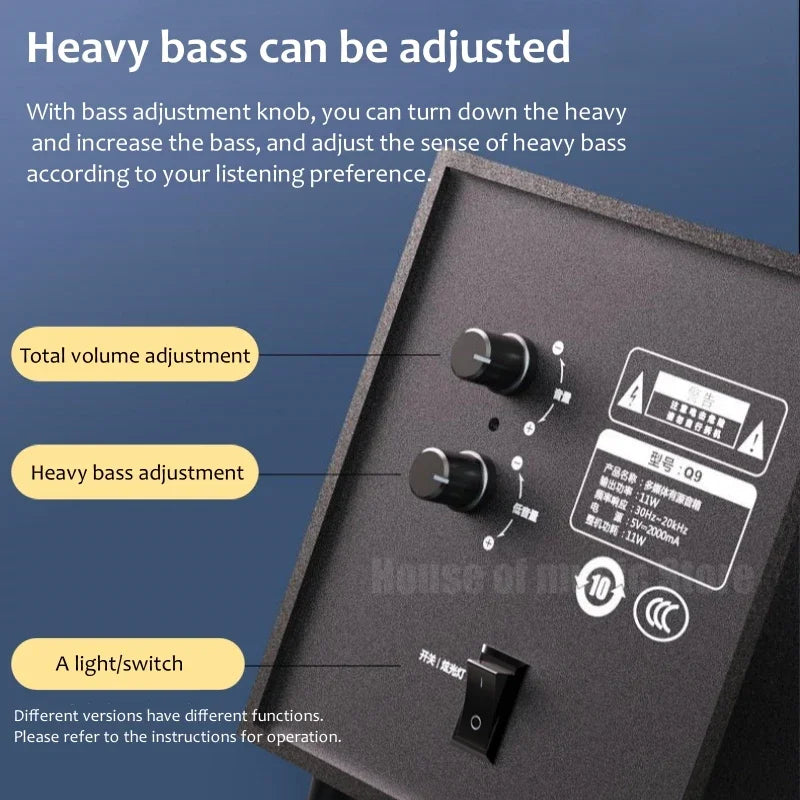 Black wooden desktop subwoofer rear panel with volume bass knobs light toggle and labeled specifications for audio 3d surround bass game speakers