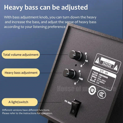 Black wooden desktop subwoofer rear panel with volume bass knobs light toggle and labeled specifications for audio 3d surround bass game speakers