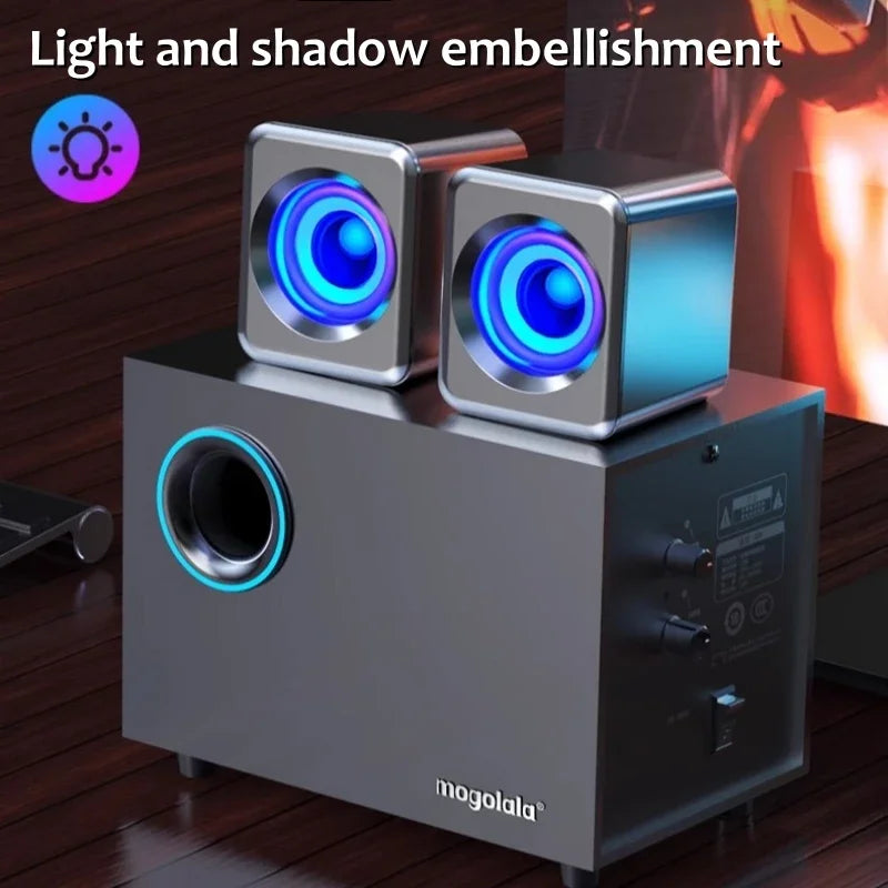 Silver and black mogolala brand wooden desktop subwoofer stereo speaker system with glowing blue led lights and audio 3d surround bass game speakers